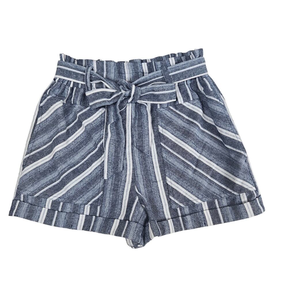 Fashion On Earth Shorts Womens Small Blue White Striped Paperbag Linen Blend Tie